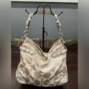COACH COLLETTE SIGNATURE GOLDISH BEIGE SATEEN LEATHER HOBO BAG